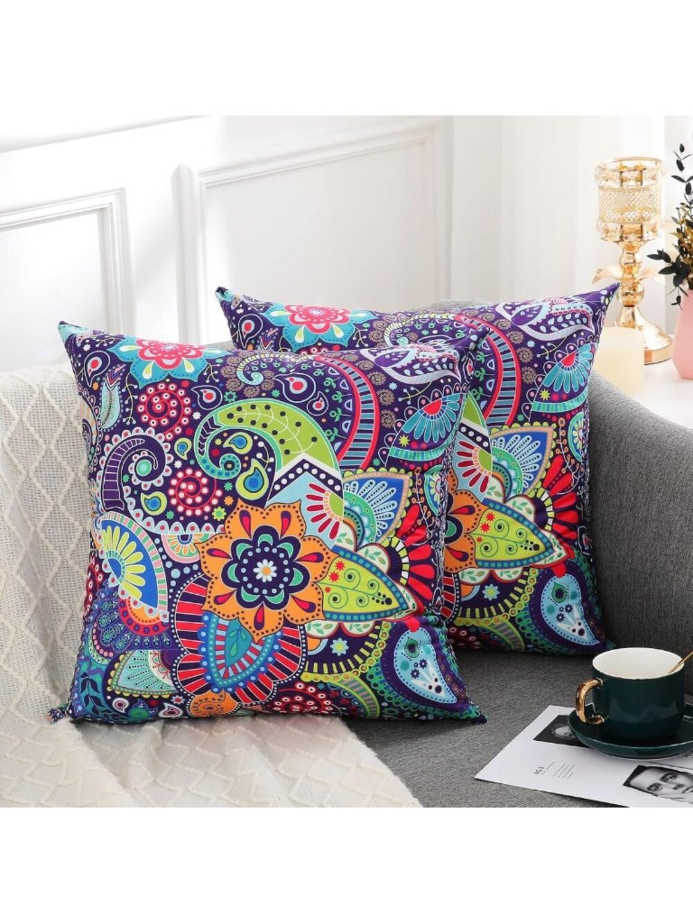 Set of 2 20x20 Inch Paisley Floral Velvet Throw Pillow Covers - Boho Couch Decor